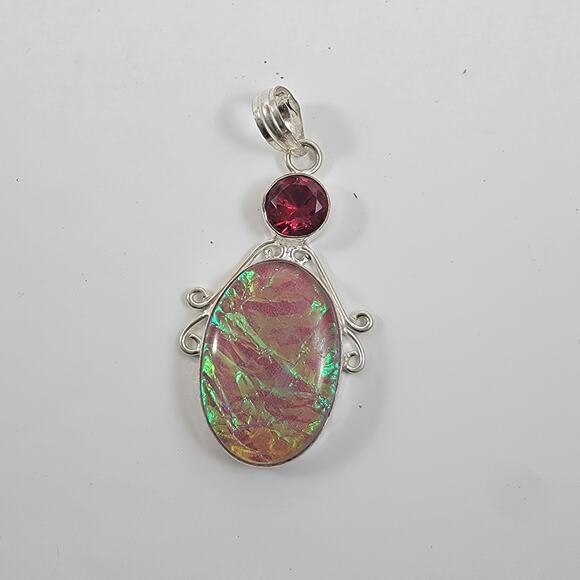 Pink Fire Opal Pendant – With Red Garnet Accents + 20" Sterling Silver Chain - Picture 2 of 10